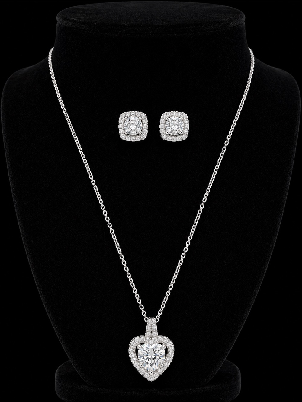 Swarovski Elements Crystal Heart Pendant Necklace and Stud Earrings Set in White